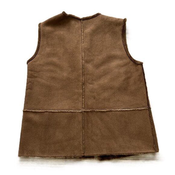 Faux Suede Shearling Fur Open Front Vest with Pockets Tan Brown Women's XL - Picture 4 of 4